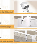 Under Desk Cable Management Tray No Drill Metal Mesh Organizer with F Clamp, non-slip mat, open holes, white, detail view