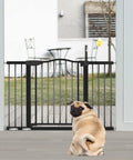 Extra Wide Baby Gate With Door For Doorways And Stairs Walk Through Swing Gate Pressure Mounted Tool Free Setup in a doorway with a dog