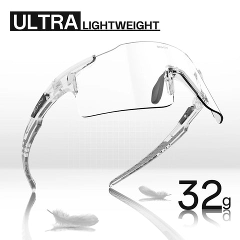 Ultra lightweight photochromic cycling glasses for men and women, frameless 32g TR90 frame, clear to dark lenses with UV400 protection.