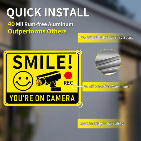 Close-up of a 'Smile You're On Camera' sign with CCTV graphic, 10x7 rust-free aluminum, outdoor video surveillance warning sign.