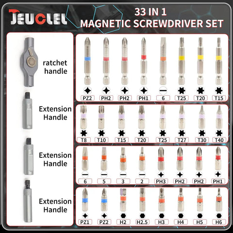 Huge Hit 33 in 1 Magnetic Screwdriver Set With Multi Bit Ratcheting Tool, Ergonomic T Handle Driver Featuring Long And Short Bits For PH Torx Hex PZ And More Ultimate Handyman Kit. 33-piece bit set with ratchet handle and extension handles