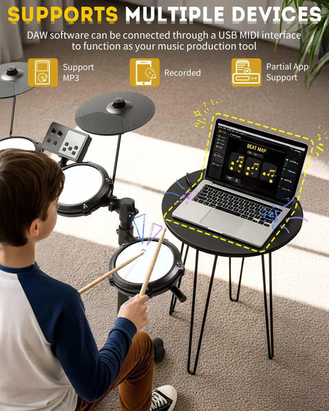 Kid using Electronic Drum Set With USB MIDI, Type-C Charging, Built-In Metronome, Record And Headphone Mode, 150 Sounds, 64 Polyphony