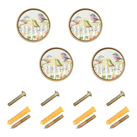 4 Pack Golden Metal Drawer Knobs 32mm with Birds on Fence design and screws, ideal for farmhouse look on 15-20mm furniture
