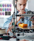 Man working on 3D printer next to 12 Pack Filament Storage Boxes With Lids For 3D Printing Spools Clear Moisture Dust/Water Proof