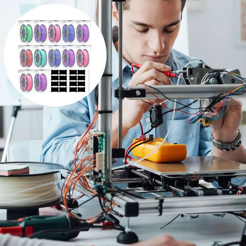 Man working on 3D printer next to 12 Pack Filament Storage Boxes With Lids For 3D Printing Spools Clear Moisture Dust/Water Proof