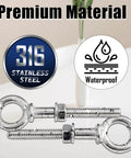 Six Pack 1/4 Inch By 3 Inch Stainless Steel Eyebolts With Nuts And Washers Plus Drill Bit Included For Quick Rugged Lifting And Easy Rigging Built Tough With T316 Shoulder Ring shown with premium material label.