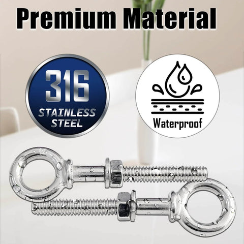 Six Pack 1/4 Inch By 3 Inch Stainless Steel Eyebolts With Nuts And Washers Plus Drill Bit Included For Quick Rugged Lifting And Easy Rigging Built Tough With T316 Shoulder Ring shown with premium material label.