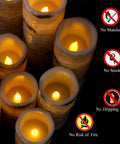 Birch Effect Flameless Wax Pillar Candles Set Of 9 LED Battery Operated Pillars glowing with safety icons.