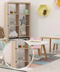 Children's playroom with pastel-colored furniture, toys, and books on a wooden shelf. Focus on shelf edges with visible shutter fasteners.