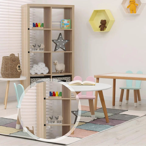 Children's playroom with pastel-colored furniture, toys, and books on a wooden shelf. Focus on shelf edges with visible shutter fasteners.
