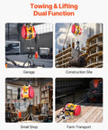VEVOR 2-in-1 electric hoist winch, yellow/red, wire rope with remote control, shown in garage and construction site.