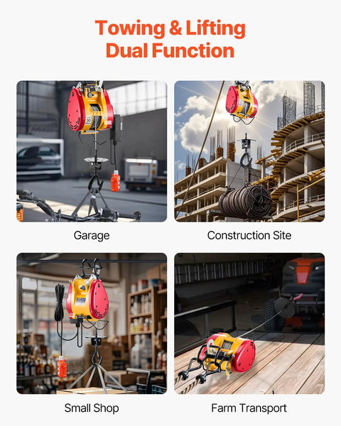 VEVOR 2-in-1 electric hoist winch, yellow/red, wire rope with remote control, shown in garage and construction site.