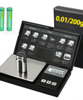 Pocket Digital Gram Scale 200g Capacity With 0.01g Precision, open showing screen and weight, with batteries beside.