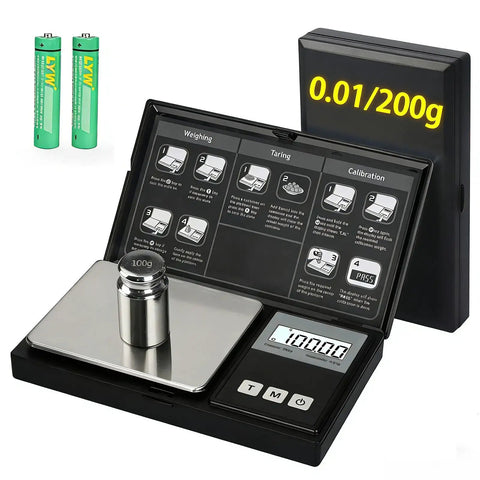 Pocket Digital Gram Scale 200g Capacity With 0.01g Precision, open showing screen and weight, with batteries beside.