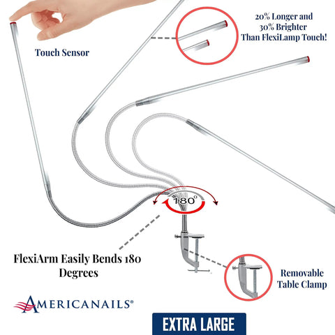 FlexiLamp Touch XL LED Nail Desk Lamp with removable clamp, flexible arm showcasing adjustable bending and touch sensor
