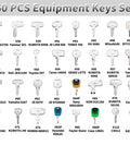 Image of 60 Piece No Duplicate Heavy Equipment Keys Master Set With Key Rings For Quick Access On Construction Machines, The Ultimate Beefed-Up Master Key Kit Built For Heavy Duty Gear, Compatible With JLG Case JD Hyster And More, showing various labeled keys arranged in rows.