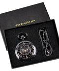 Rudder Design Skeleton Mechanical Pocket Watch Hand Wind For Men With Dope Black Dial Roman Numerals Vintage Steampunk Style Chain Included Box Gift Ready Premium Craftsmanship