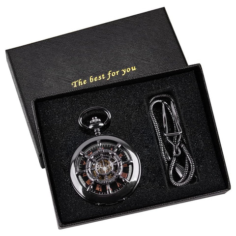 Rudder Design Skeleton Mechanical Pocket Watch Hand Wind For Men With Dope Black Dial Roman Numerals Vintage Steampunk Style Chain Included Box Gift Ready Premium Craftsmanship