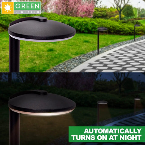 Modern Aluminum Low Voltage Path Lights Kit For Outdoor Walkways And Gardens, Black Finish, 8 Pack, day and night view.