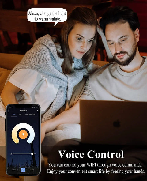 Couple using Smart E12 Base LED Bulbs 8 Pack Dimmable RGB Color Changing Tunable White with Alexa control on sofa