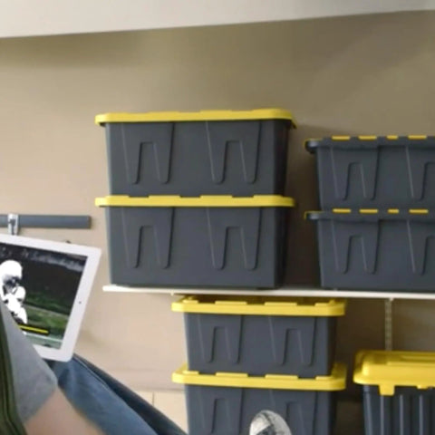 Heavy Duty Plastic Storage Bins With Lids 15 Gallon Black Yellow Six Piece Stackable Tote Set in garage on shelf