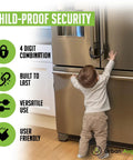 Child reaching for fridge with 4 Digit Combo Fridge Lock For Kids And Adults, Easy To Use Cabinet Lock For French Door Refrigerators.