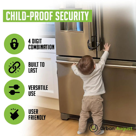Child reaching for fridge with 4 Digit Combo Fridge Lock For Kids And Adults, Easy To Use Cabinet Lock For French Door Refrigerators.