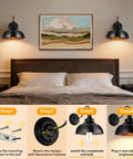 Bedroom with Industrial Black Wall Sconce With Dimmable Gooseneck Lighting And On Off Dimmer Switch, installation steps illustrated.