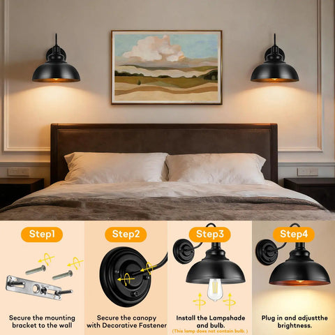 Bedroom with Industrial Black Wall Sconce With Dimmable Gooseneck Lighting And On Off Dimmer Switch, installation steps illustrated.