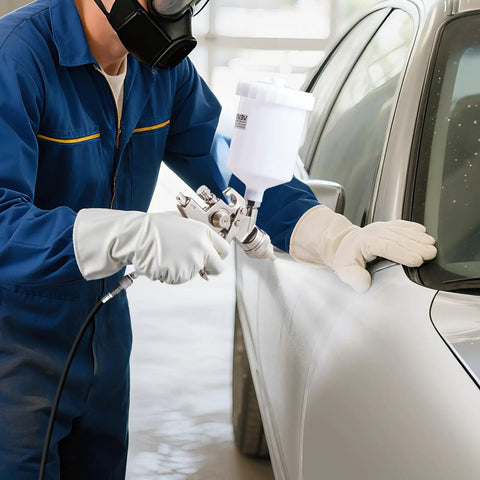Heavy Duty Lvlp Air Spray Gun Featuring Gravity Feed Cup And Quick Swap Nozzles For A Hella Smooth Automotive And Wood Finish Includes Built In Pressure Regulator For No Fuss Shop Work used for painting a car door.