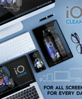 io CLEAN eyeglass lens cleaner kit with two 3.38 oz spray bottles and two microfiber cloths for glasses and screens
