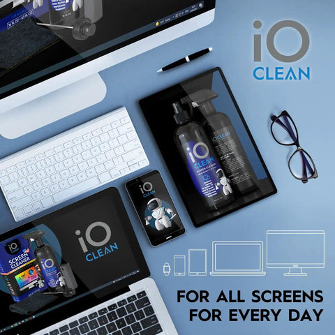 Screen Cleaner Spray 16 Oz All In One Cleaning Kit For LCD LED OLED TVs Smartphones Tablets Laptops Monitors displayed on desk