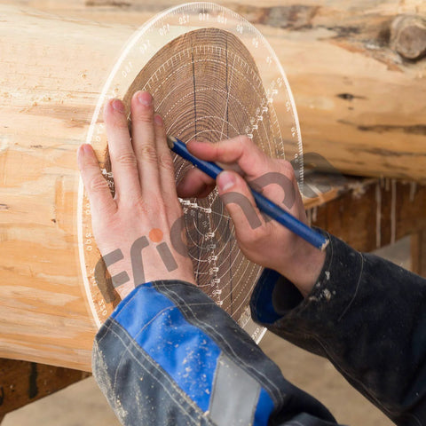 Round center finder circle gauge in use on wood to draw circles; clear acrylic drawing template, 300 mm.