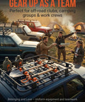 Heavy Duty Metal Rubber Shovel Mount and Axe Holder Kit for Truck Roof Rack on vehicle roof with tools, ideal for outdoor activities.