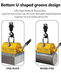 Kickass Heavy Duty Permanent Lifting Magnet With 11000 Lbs Capacity lifting steel block and round bar, featuring U-shaped groove design.