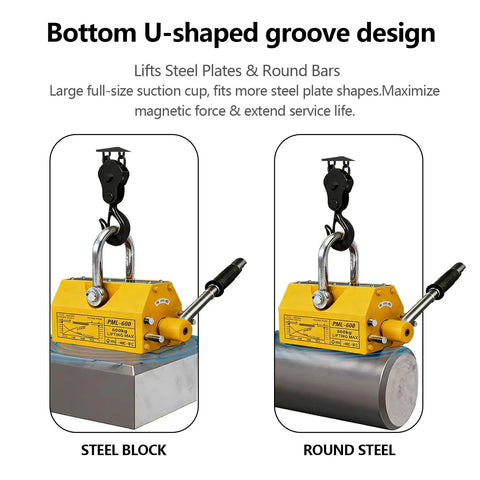 Kickass Heavy Duty Permanent Lifting Magnet With 11000 Lbs Capacity lifting steel block and round bar, featuring U-shaped groove design.