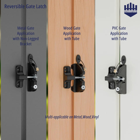 Heavy Duty Two Sided Gate Latch With Key Lock And Upgraded Spring Loaded Pull Cord, installed on metal, wood, and PVC gates.