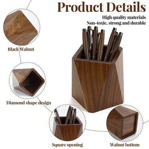 Walnut Wood Sticky Note Holder And Tape Dispenser, Rhombic Pen Holder Desk Organizer Set with pens in diamond shape design