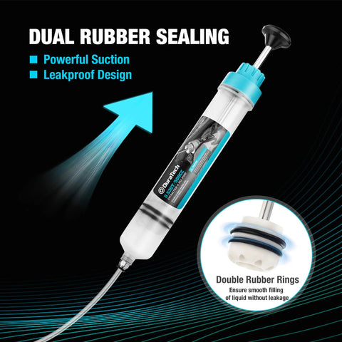 Duratech 500cc fluid extractor with blue cap, clear reservoir and long hose