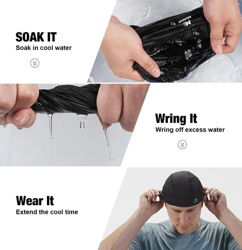 Cooling Skull Cap Liner For Helmets Lightweight Mesh Under Helmet Cap For Cycling And Motorcycle; soaking, wringing, wearing demonstration.