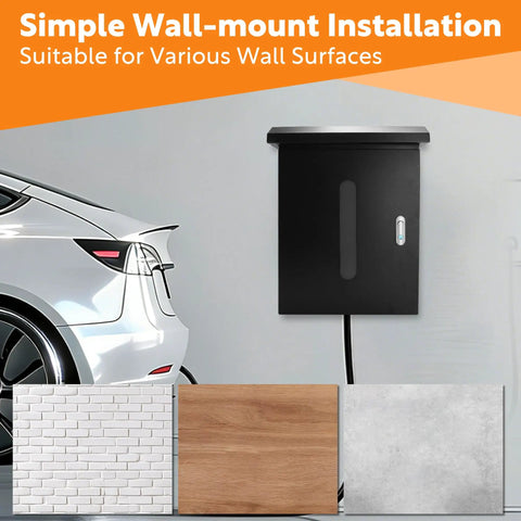 Tough As Nails EV Charger Cover Heavy Duty Weatherproof Outdoor Housing For Tesla And Universal Electric Cars With Cable Ports View Window And Fast Hookup mounted on wall with various surface samples.