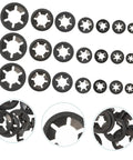 630 Piece Bearing Clip Washer Set With Carbon Steel Locking Washers And Internal Tooth Design For Extra Grip And Stability, shown in various sizes.