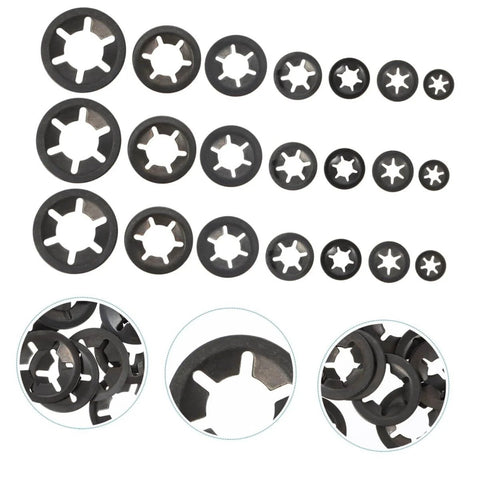 630 Piece Bearing Clip Washer Set With Carbon Steel Locking Washers And Internal Tooth Design For Extra Grip And Stability, shown in various sizes.
