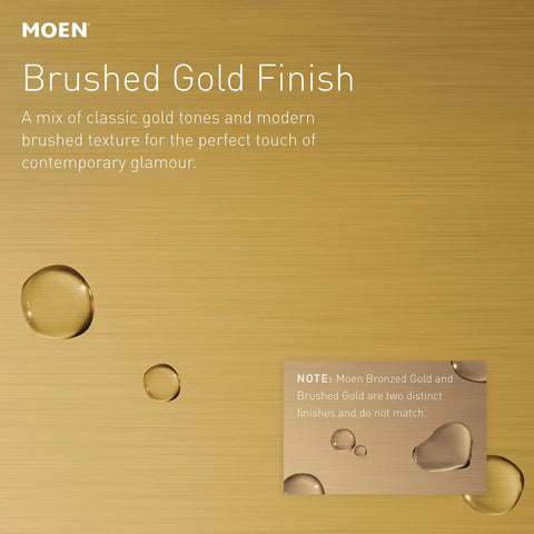 Textured brushed gold finish background with water droplets, showcasing the sheen of the material for bathroom fixtures.
