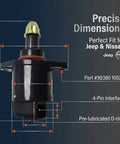 Bolt Right In Idle Air Control Valve Eliminating Rough Idles Fast And Keeping Your Engine Purring Smooth With Crisp Throttle Response For Daily Drives Compatible With Jeep Nissan Black Quality Replacement Part, showing precise dimensions and 4-pin interface.