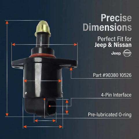 Bolt Right In Idle Air Control Valve Eliminating Rough Idles Fast And Keeping Your Engine Purring Smooth With Crisp Throttle Response For Daily Drives Compatible With Jeep Nissan Black Quality Replacement Part, showing precise dimensions and 4-pin interface.