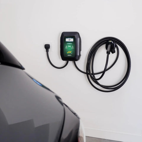 Level 2 Wall Mounted EV Charger With 40 Amp Fast Charging And 25 Foot Flexible Cable NEMA 14 50 Plug installed on a garage wall.