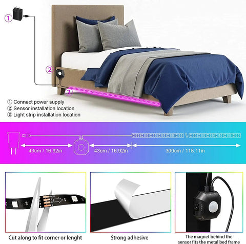 Motion Activated Under Bed Lights With 2x9.84 Ft RGB LED Strips Sensor installed under bed, showing connector and adhesive details