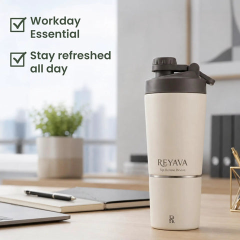 Dual Insulated Stainless Steel Protein Shaker Bottle With Separate Dry Storage Compartment And Built In Mixing Whisk 15 Oz Gym Cup on desk