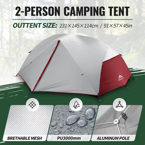 Two Person Waterproof And Windproof Camping Tent For All Season Backpacking Lightweight Aluminum Poles Quick Setup Dual D Shaped Doors And Two Vestibules Great For Hiking And Outdoor Adventures shown with tent size measurements
